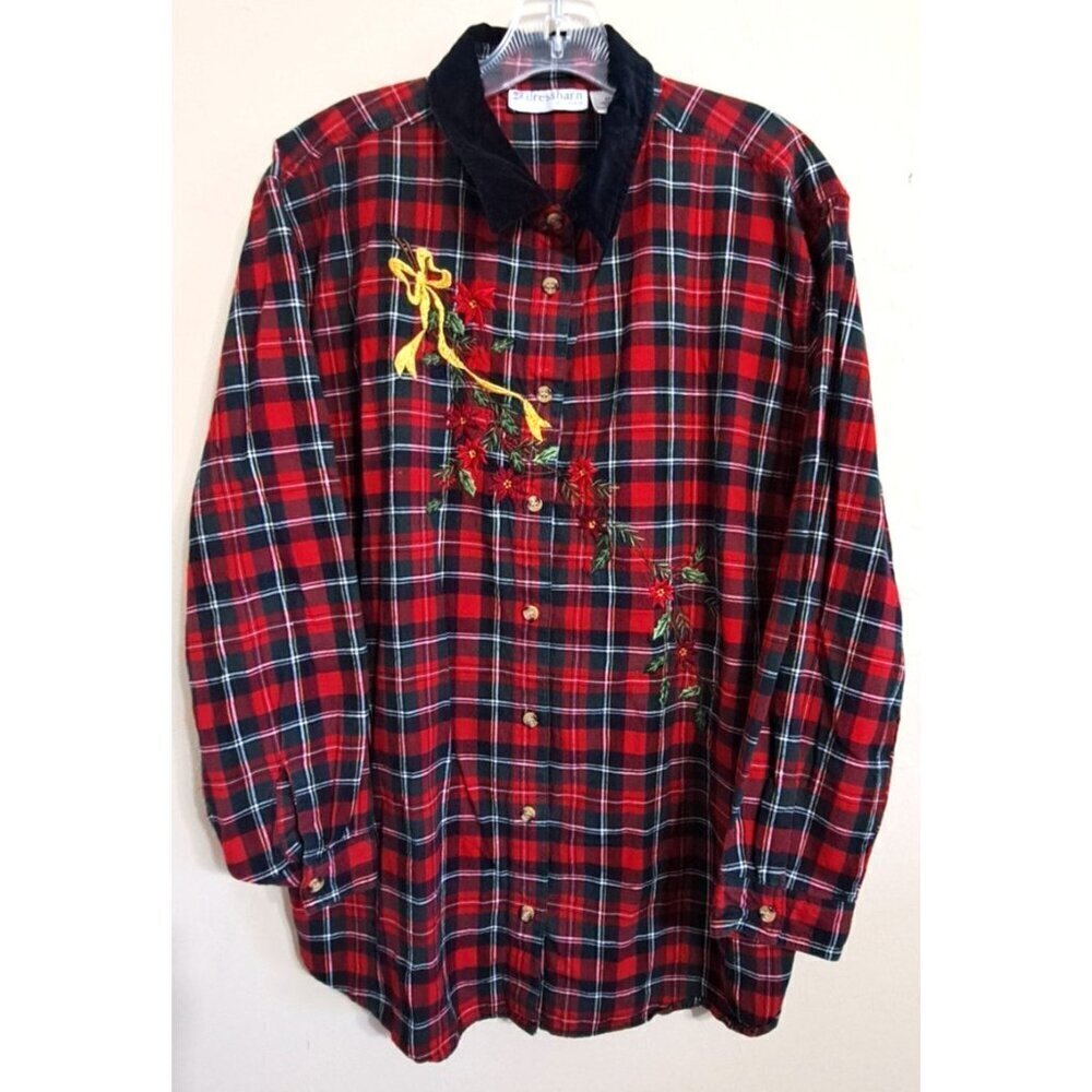 Dress Barn 22/24 Red Plaid Long Sleeve Velvet Collar Embroidery Top Holiday